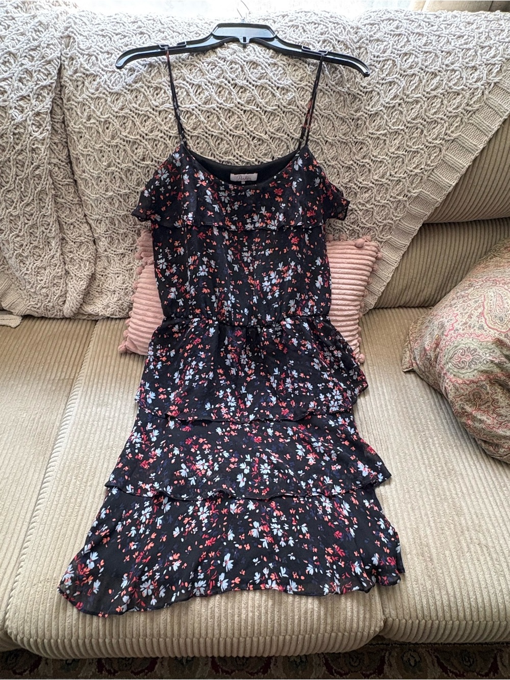 PARKER 100% Silk Black Floral Tiered Spaghetti Strap Dress Small